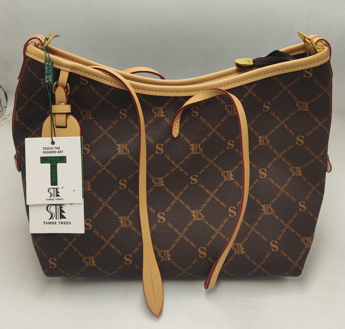 Monogram Shoulder Tote Bag – Brown with Tan PU Trim