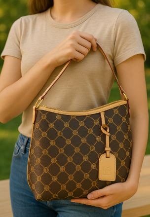 Monogram Shoulder Tote Bag – Brown with Tan PU Trim