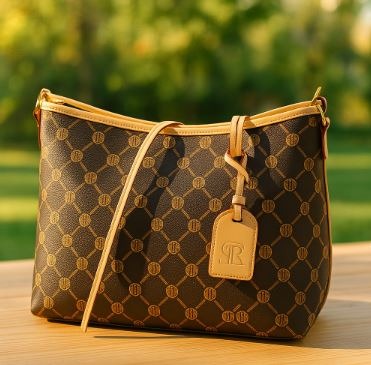 Monogram Shoulder Tote Bag – Brown with Tan PU Trim